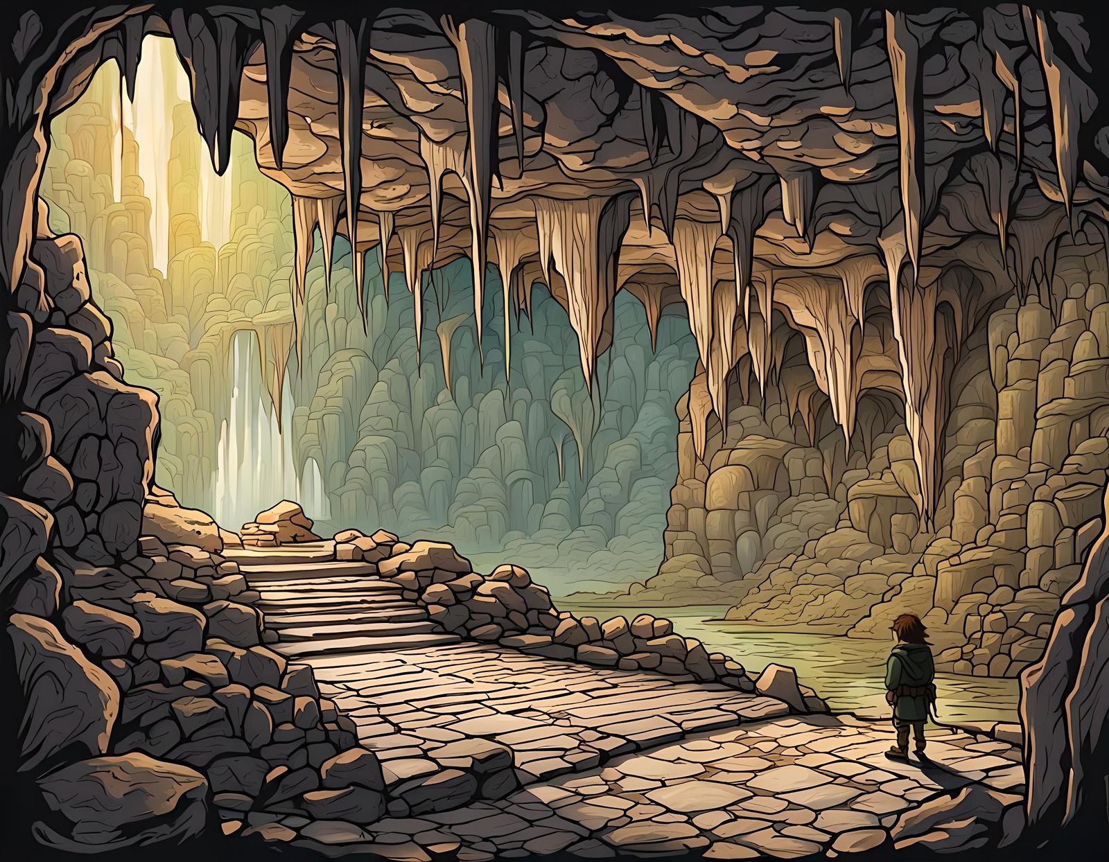 Cave Entrance Reflecting Light, Retro D&D Illustration