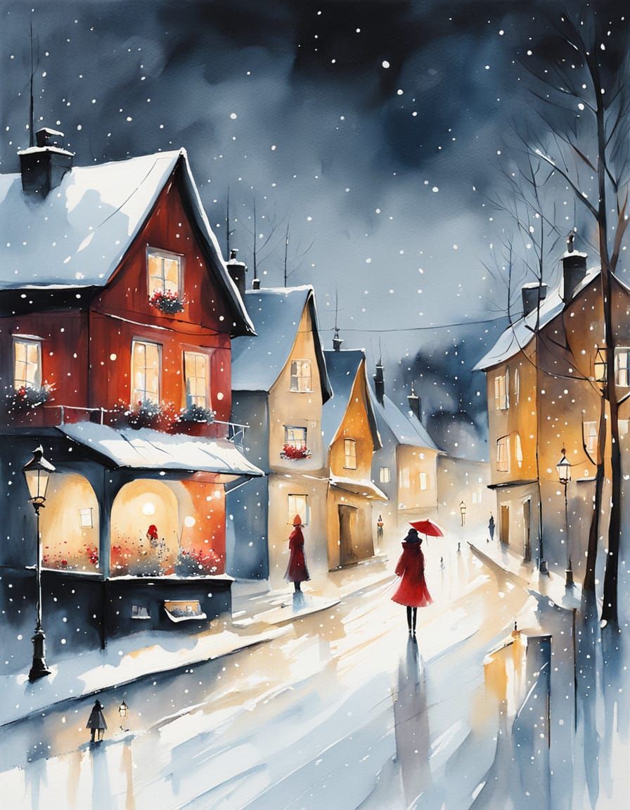 Whimsical Scandinavian Christmas Scene in Dreamlike Watercol...