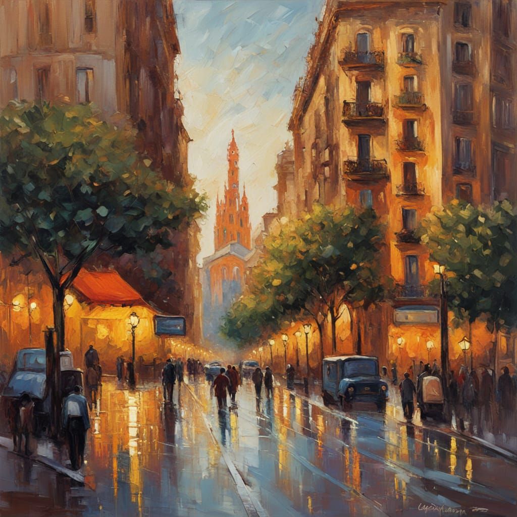 Neo-Impressionist Barcelona Cityscape with Golden Hour Light