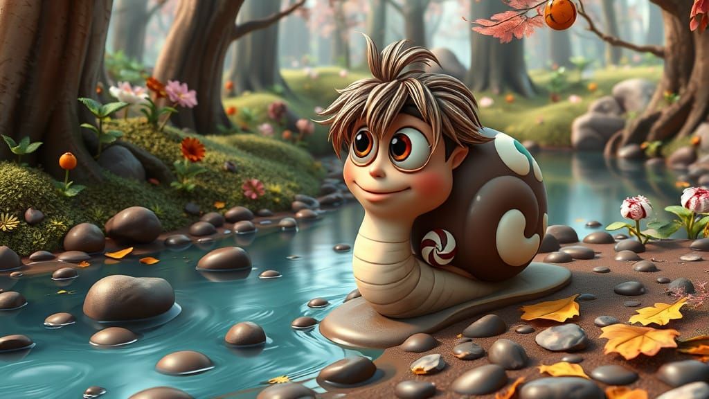 Whimsical Chocolate Snail in Magical Forest, 3D Cartoon