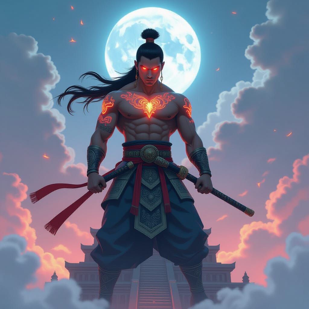 Muay Thai Warrior on Ziggurat in Anime Style