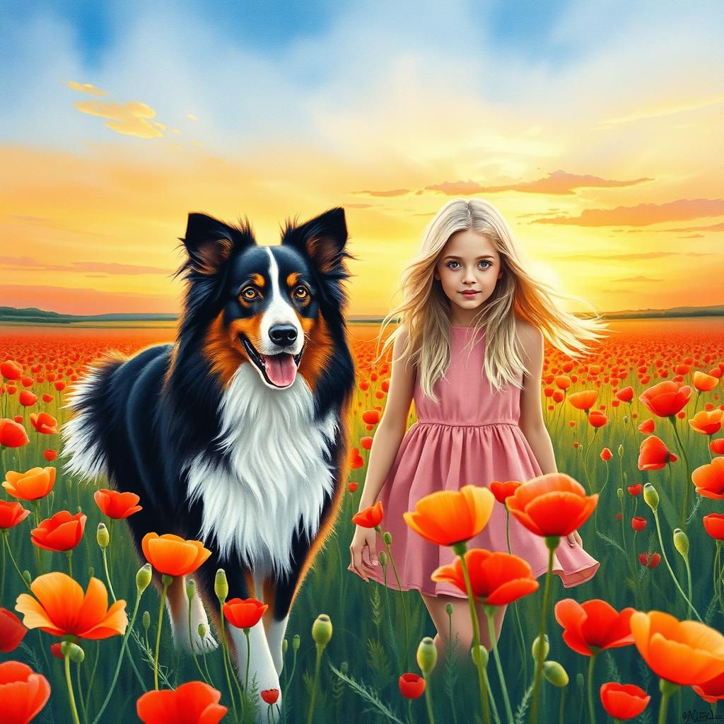 Woman and Border Collie in Poppy Field, Watercolor