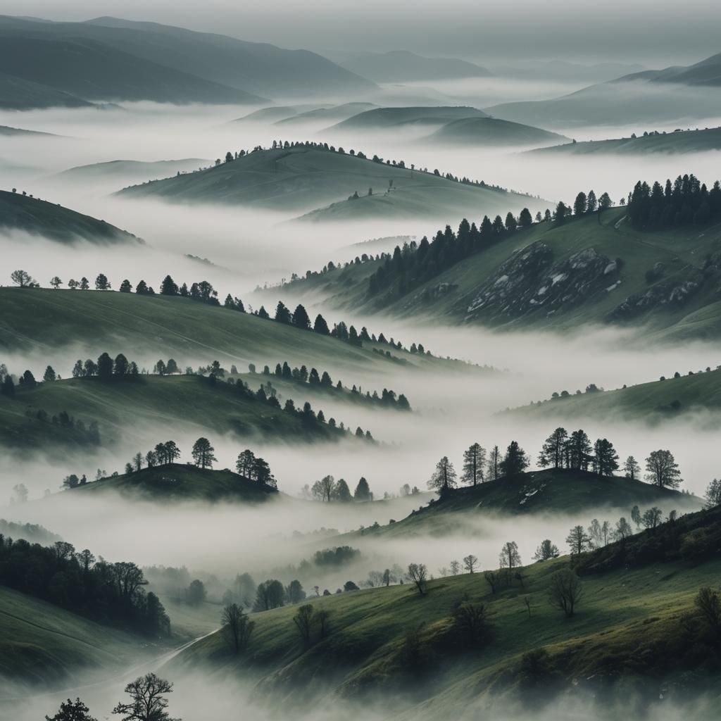 Enchanted Gloomy Valley in Dense Fog