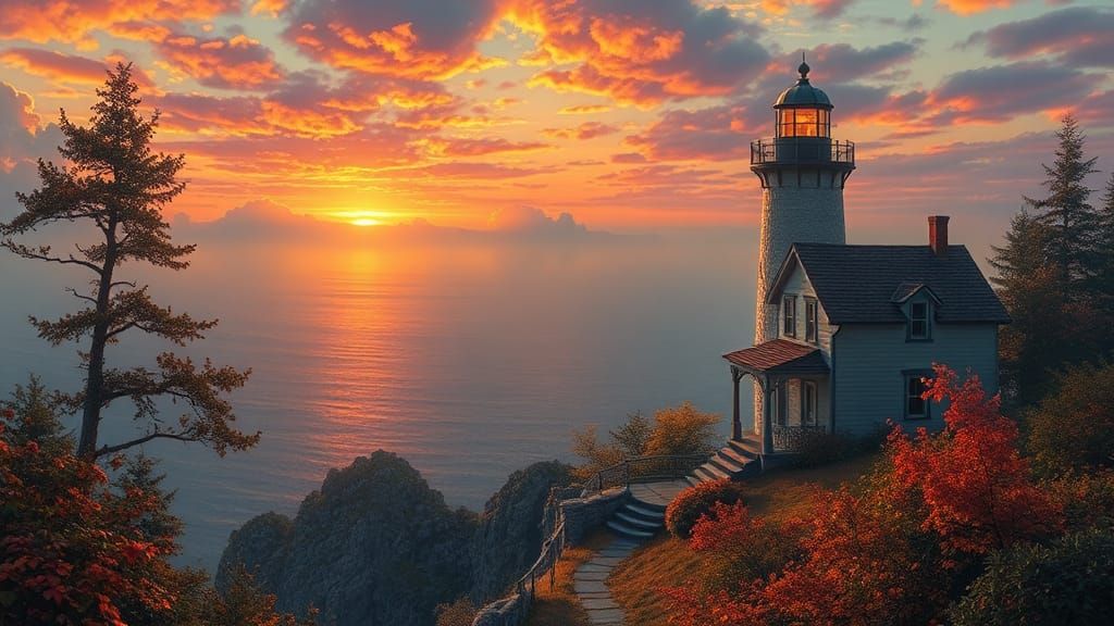 Picturesque Lighthouse in Autumnal Landscape, Digital Art