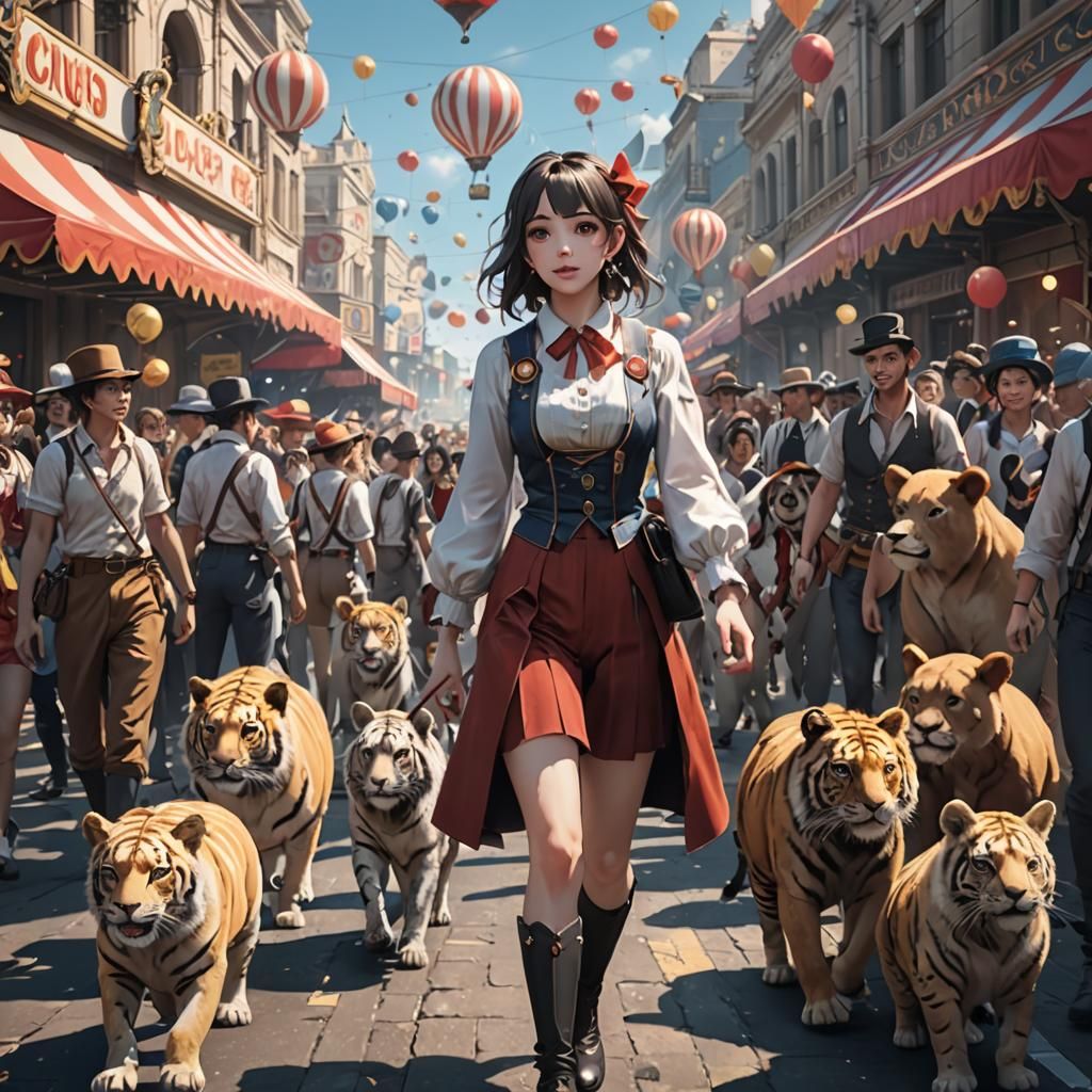Anime Girl in Circus Crowd, 3D Rendered