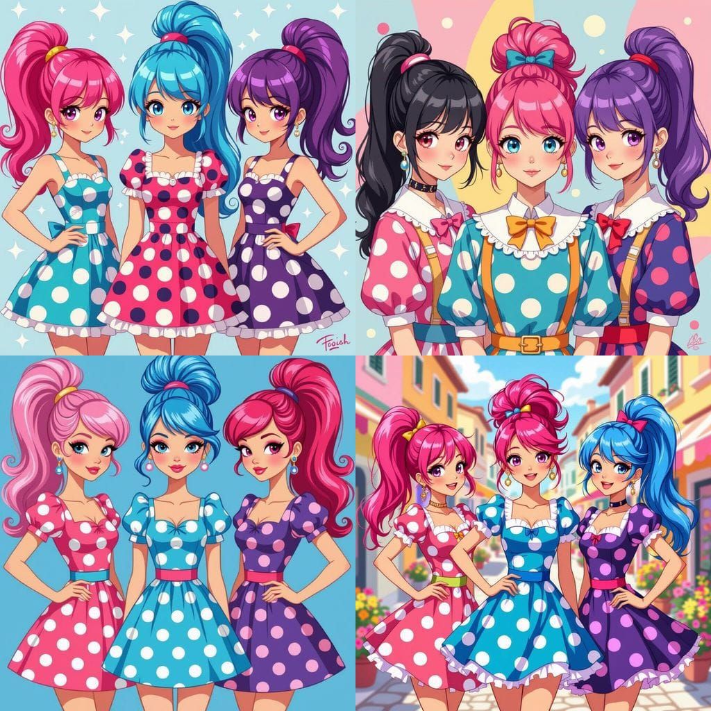 Polka Dot Girl Gang with Colorful Ponytails