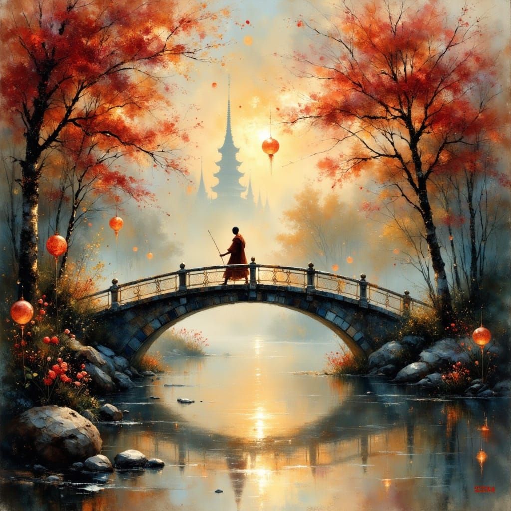 Monk Crossing Bridge at Evening, Asian Spring