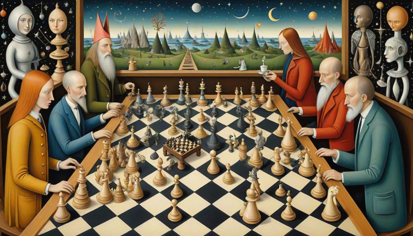 Cosmic Chess Cafe in Hieronymus Bosch Style
