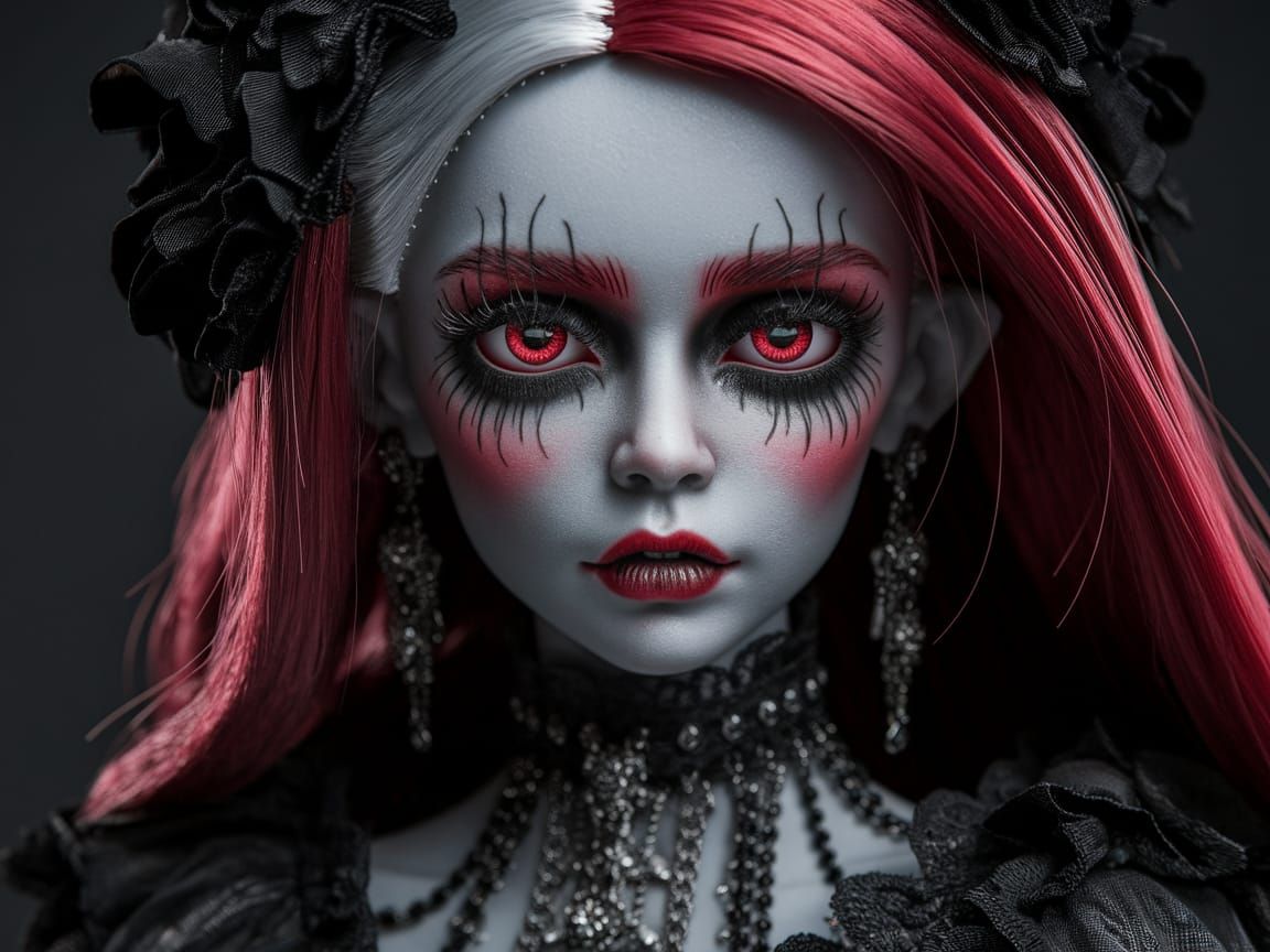 Gray Skinned Doll with Red Hair in Dark Fantasy Style