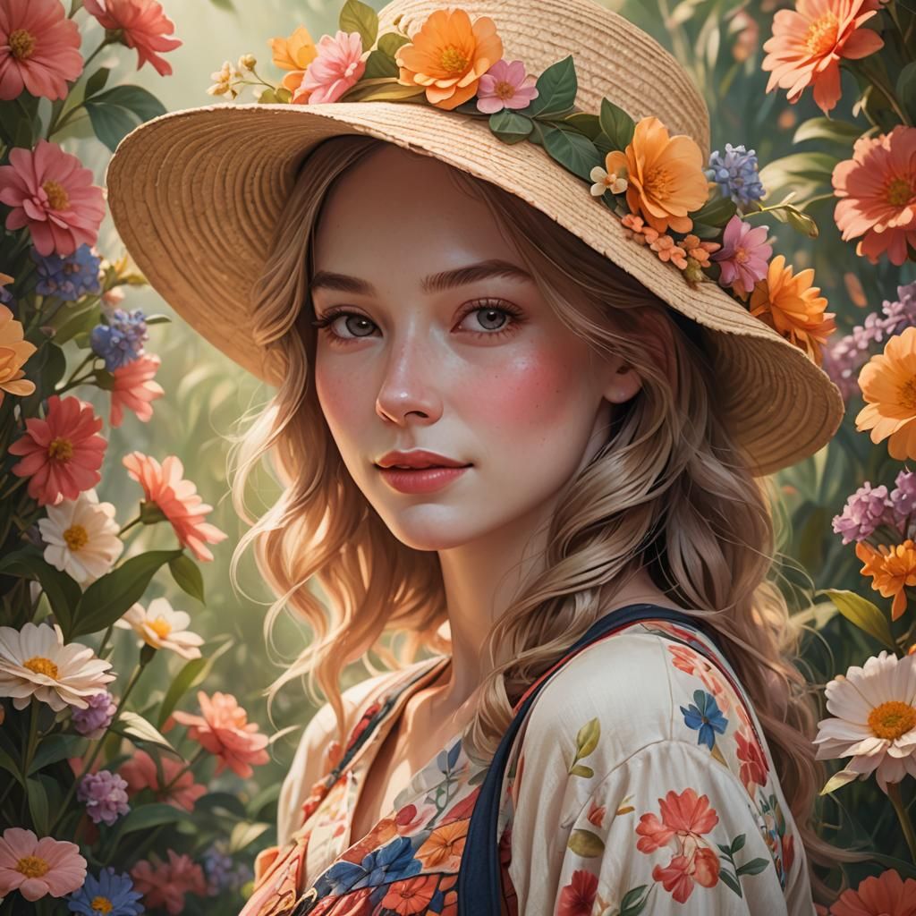 Delicate Lady with Straw Hat: Pre-Raphaelite Portrait