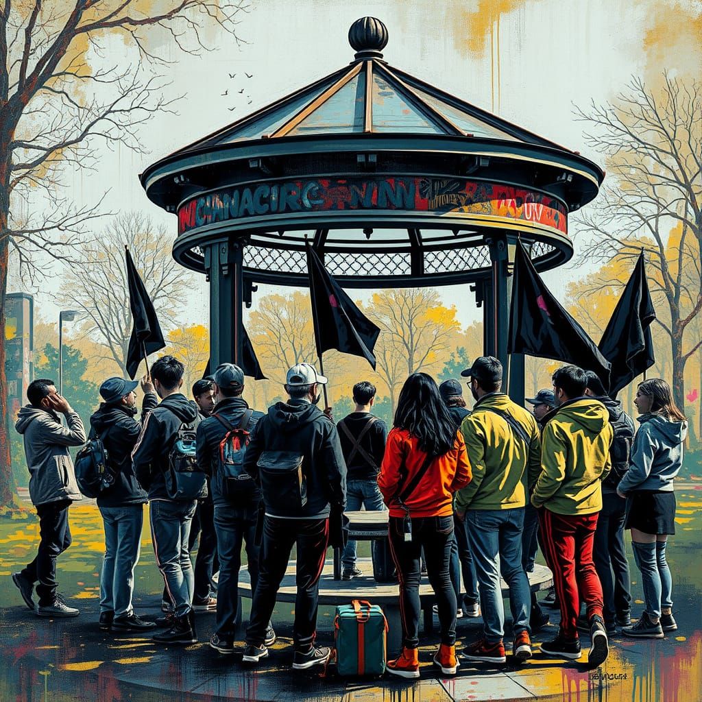 Activists Meeting Under Kiosk with Graffiti Art