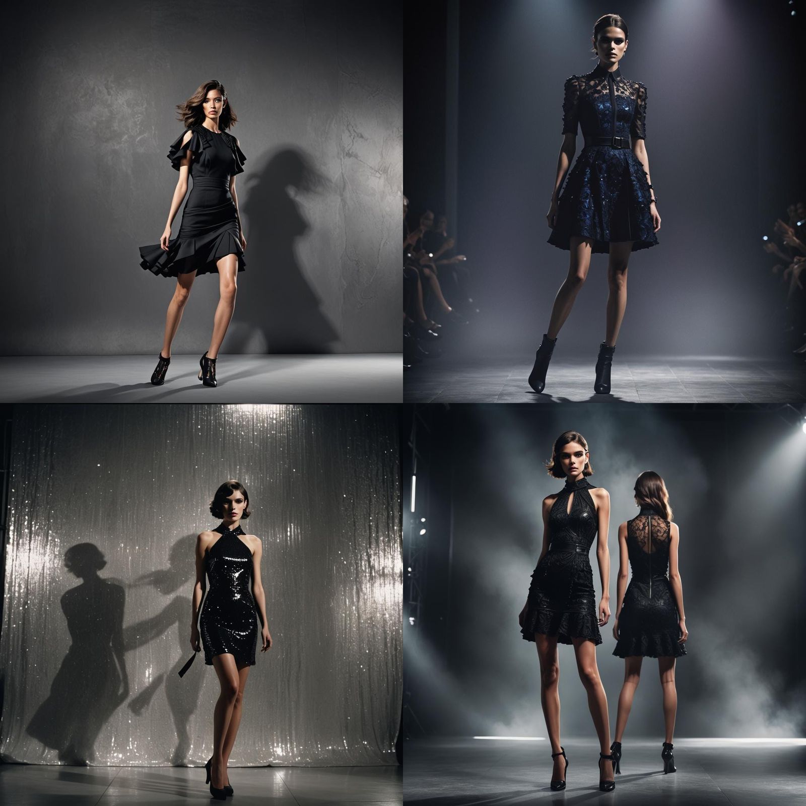 Brunette Model in Black Dress, Hyperrealistic Fashion Photo