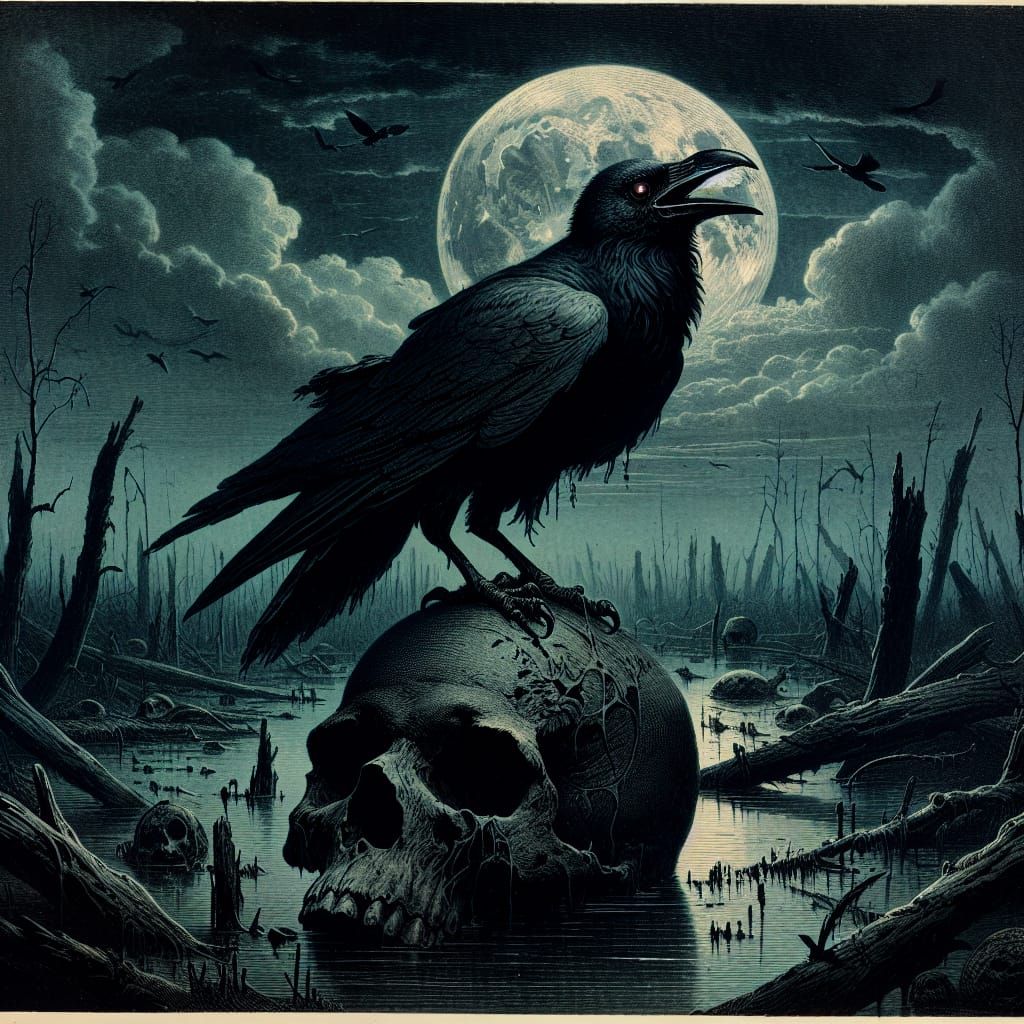 A crow perched on a decayed skull