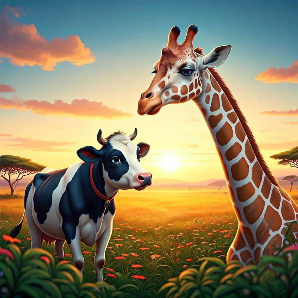 Giraffe and Cow in Whimsical Savannah: 3D Rendered
