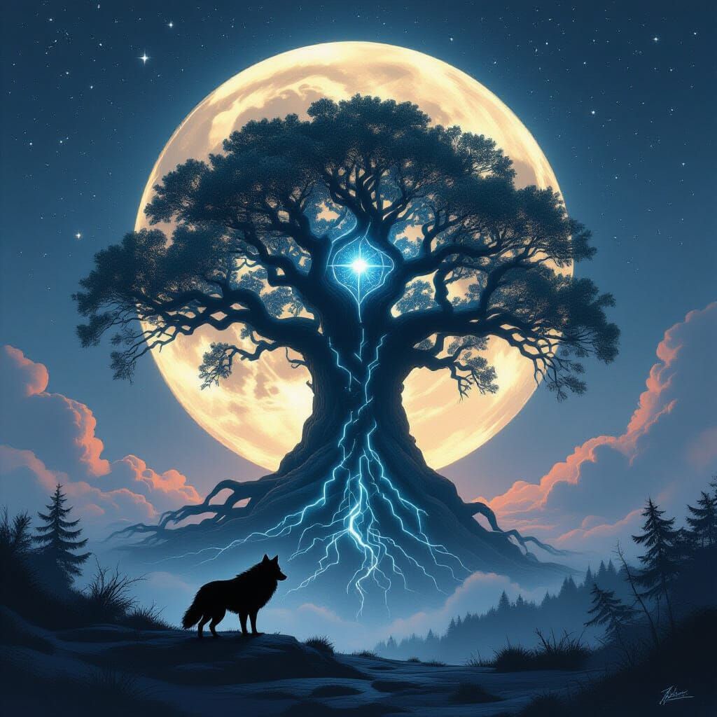 Stardust Wolf Before Cosmic Tree on Shattered Moon