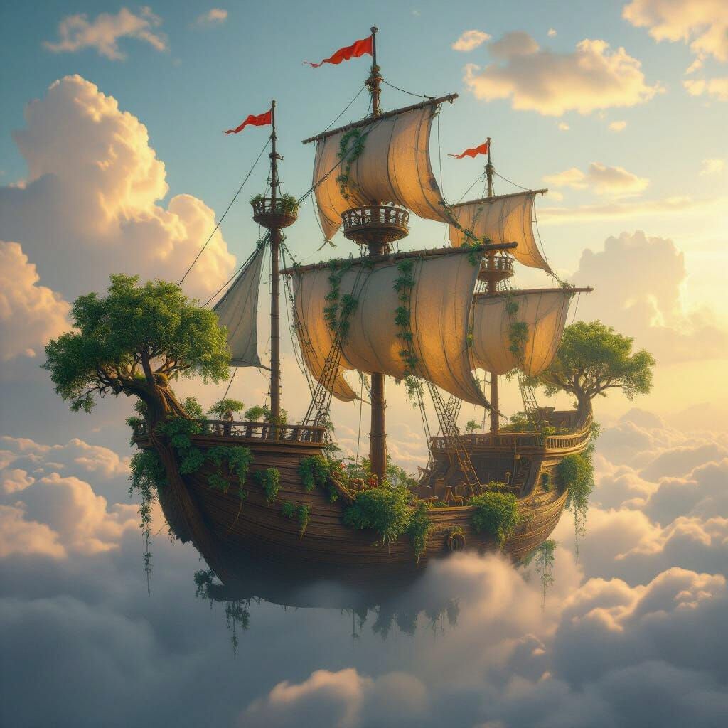 Giant Tree Ship Sails Sky Amidst Golden Hour Clouds