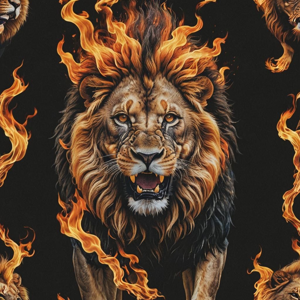 Fiery Lion on Black Background: Vivid Graphic