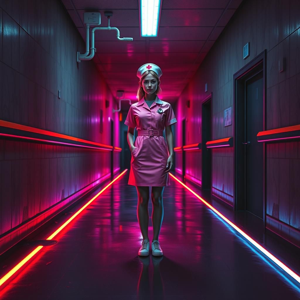 Neon-Noir Nurse in Psychiatric Hospital, Synthwave Style