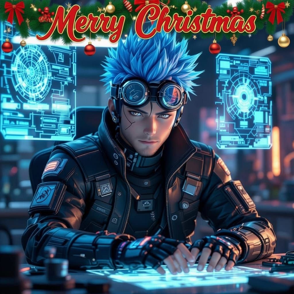 Cyberpunk Engineer with Blue Hair and Holographic Displays