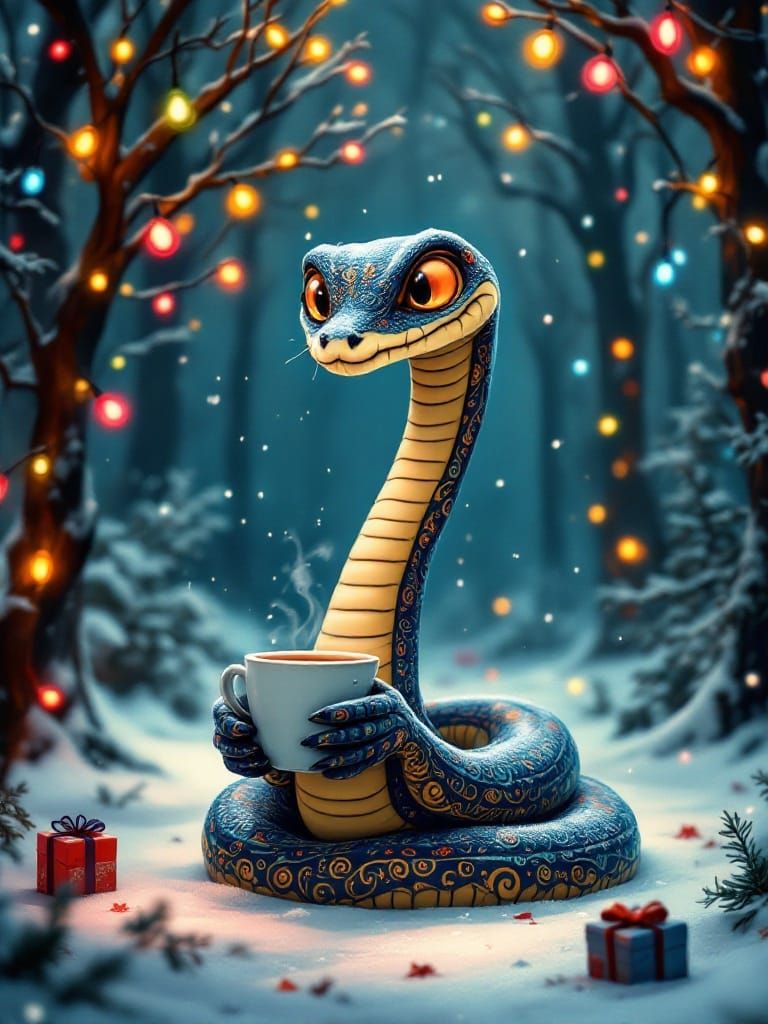 Whimsical Snake Sips Coffee in Tim Burton's Winter Wonderlan...