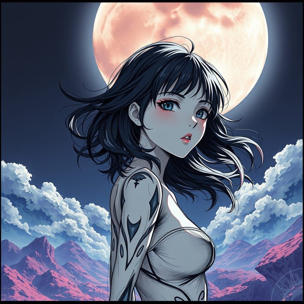 Vibrant Anime Goddess in Celestial Landscape