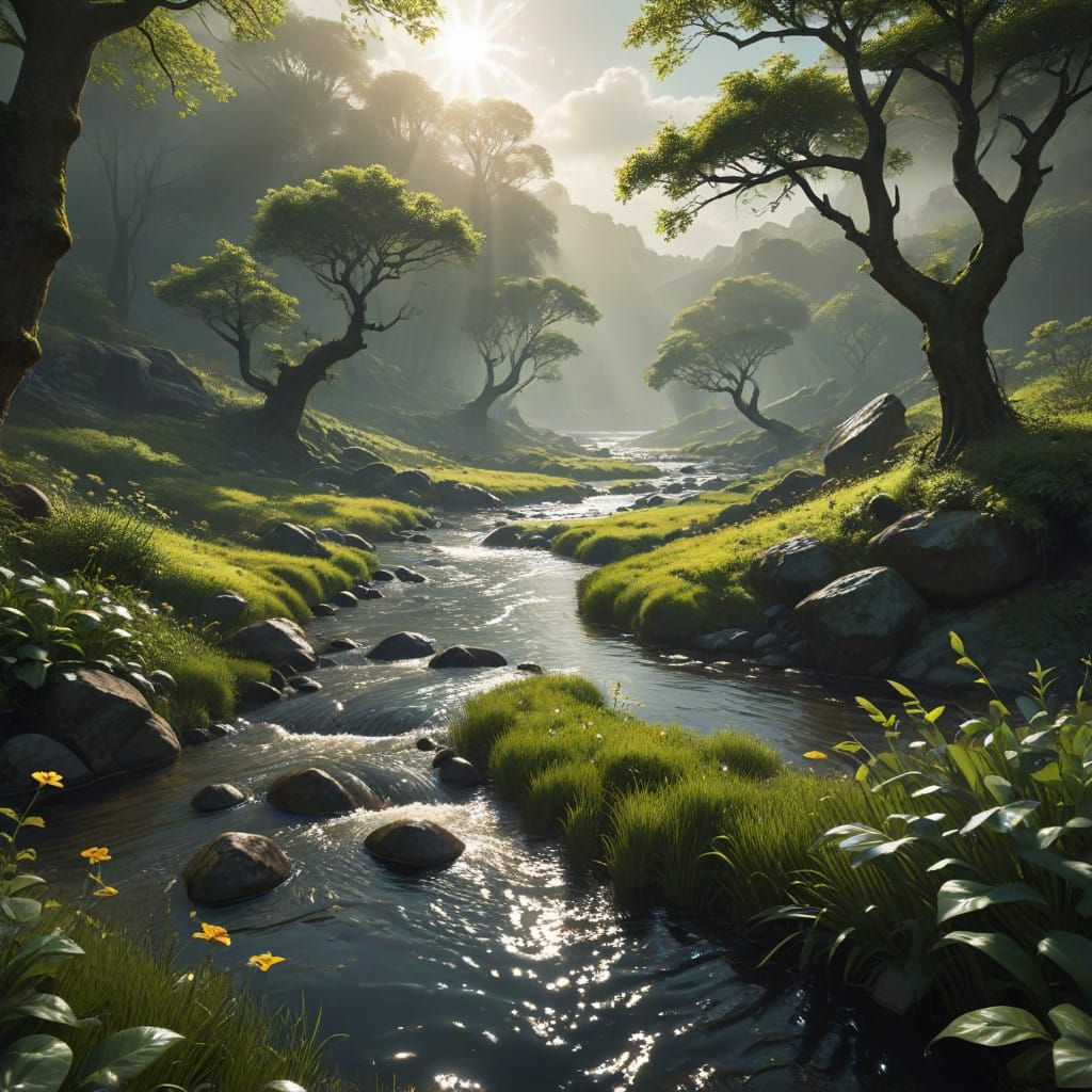 Ethereal Spring Morning in a Lush Green Valley