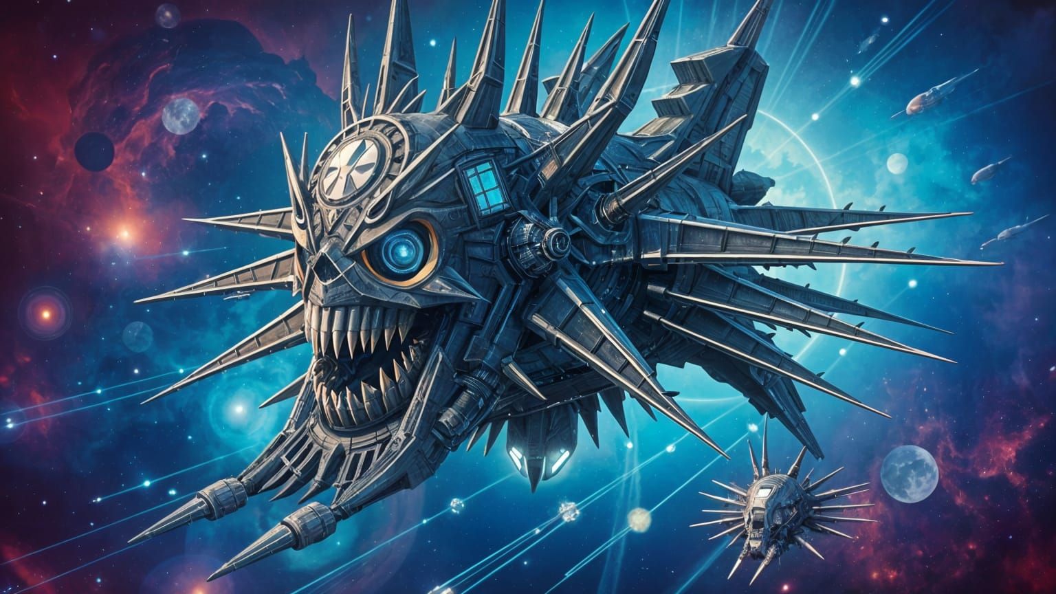 Sleek, Angular Space Pirate Ship in Dark Grey and Black, Twi...