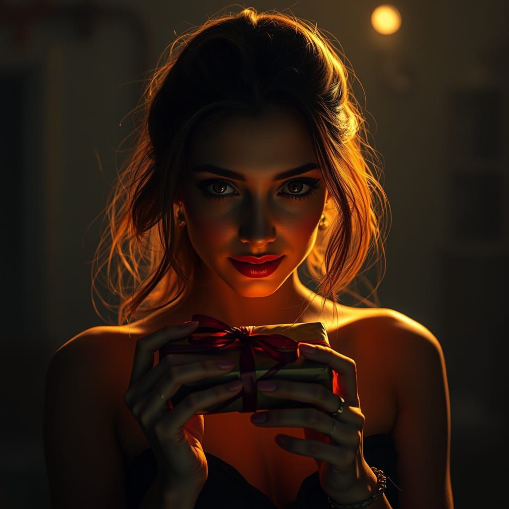 Mysterious Woman with Enigmatic Smile in Dark, Atmospheric S...