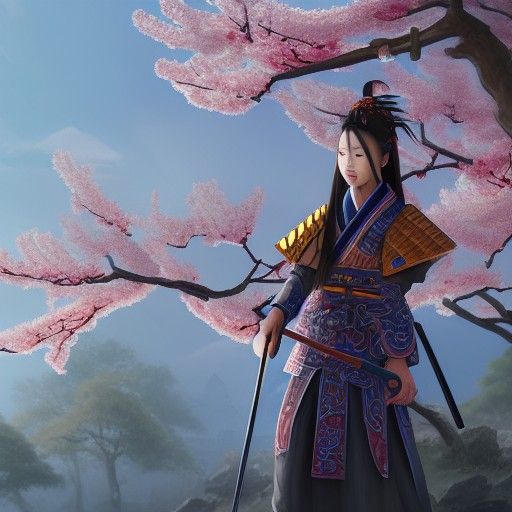 Samurai Girl with Sword and Cherry Blossoms