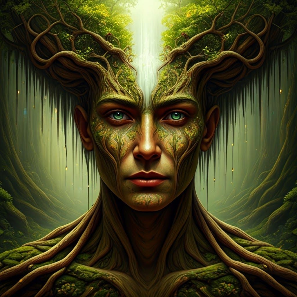 Divine Nature Spirit in Vibrant, Surreal Landscape