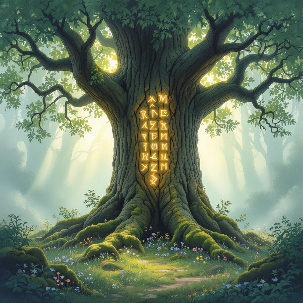 Ancient Tree with Glowing Runes in Misty Clearing