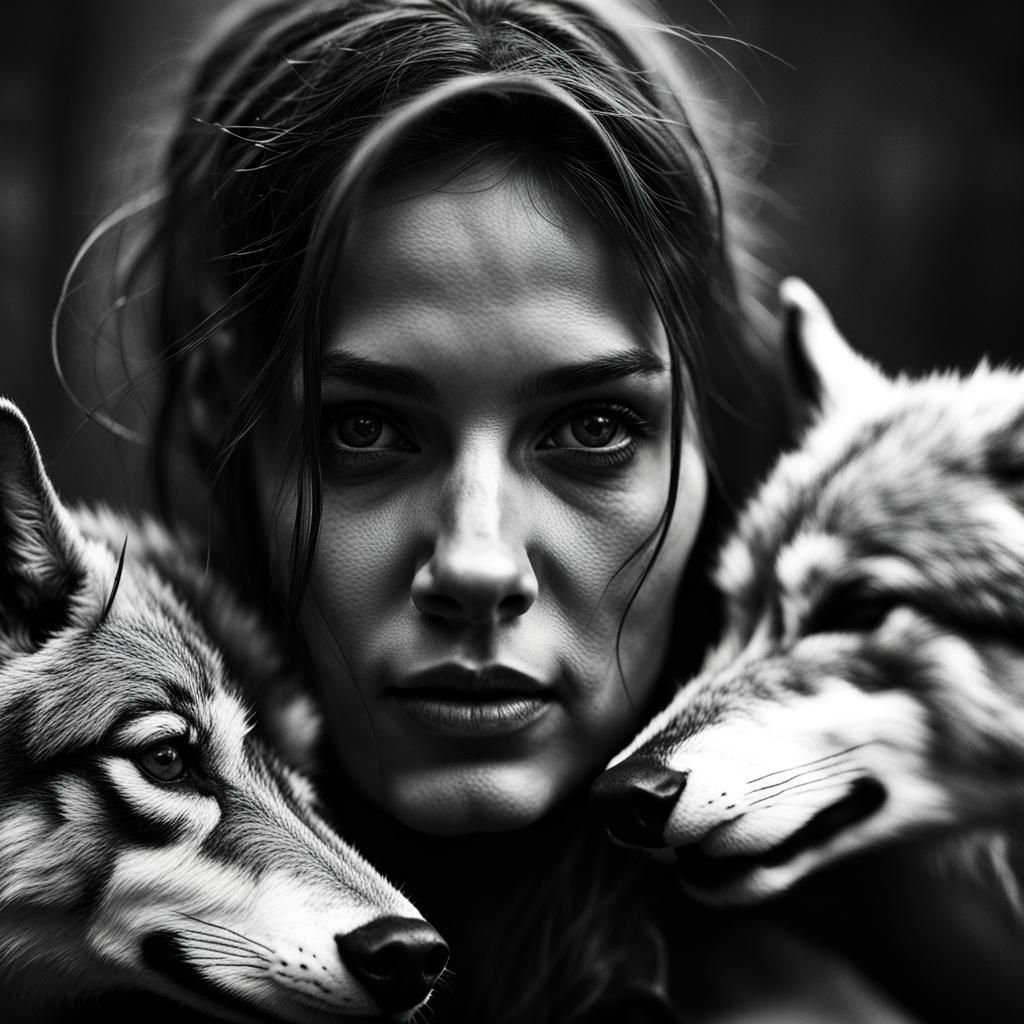 Woman and Wolf Pack: Fine Art Portrait