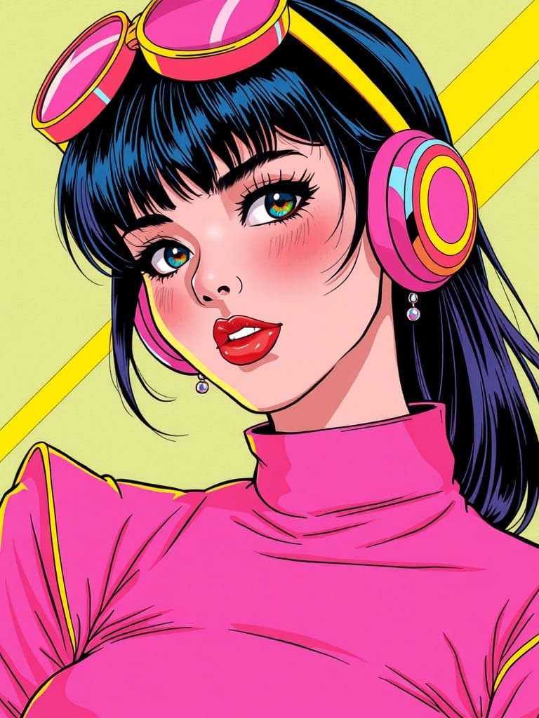 Retro Futuristic Cyberpunk Heroine in Vibrant Pink and Yello...