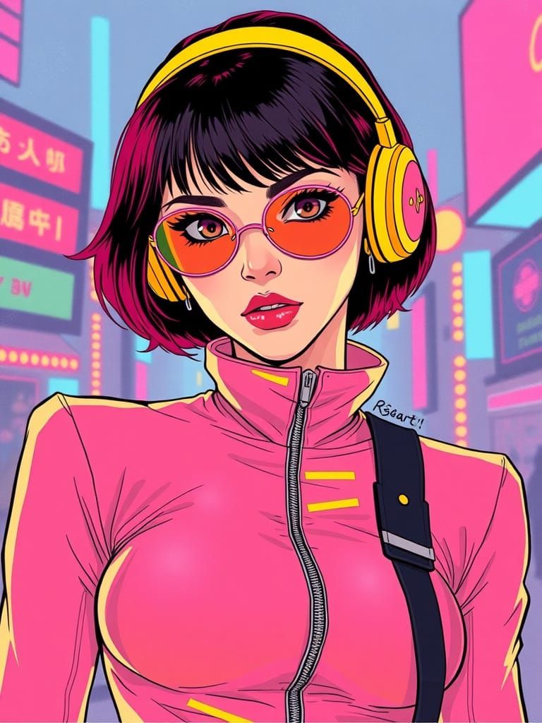 Retro Futuristic Cyberpunk Girl in Pink and Yellow