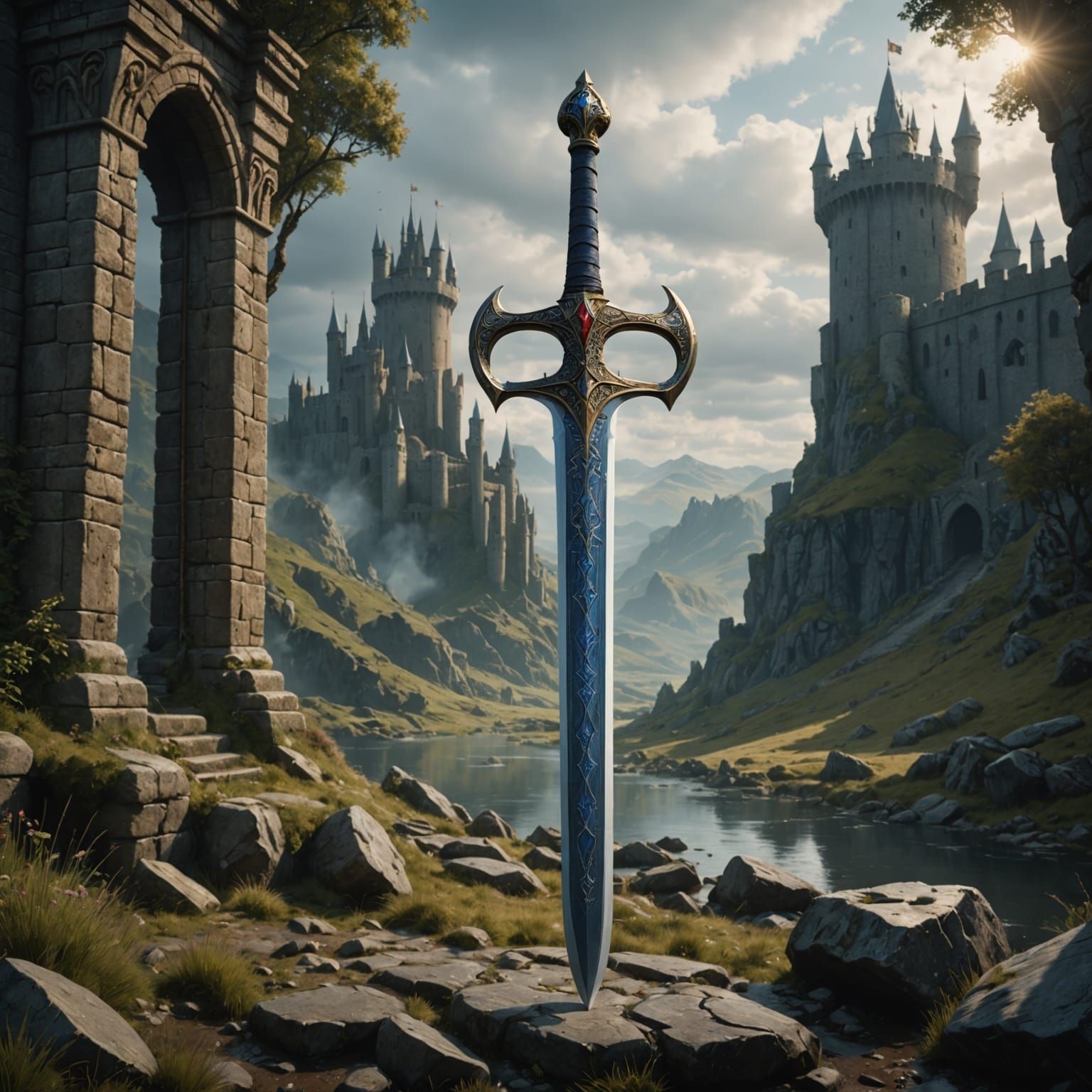 King Arthur's mythical Excalibur sword detailed matte painting, deep color, fantastical, intricate detail, splash screen...