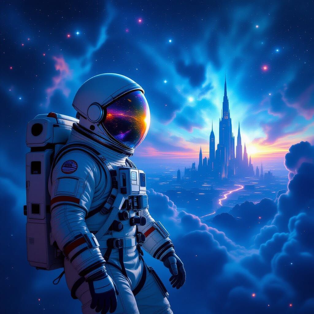 Astronaut Drifting Through Nebula, Alien Cityscape Reflectio...