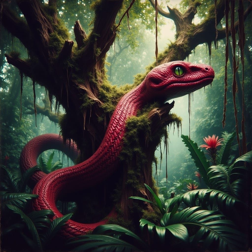 Majestic Jungle Tree with Twisted Vines and Shimmering Pink....