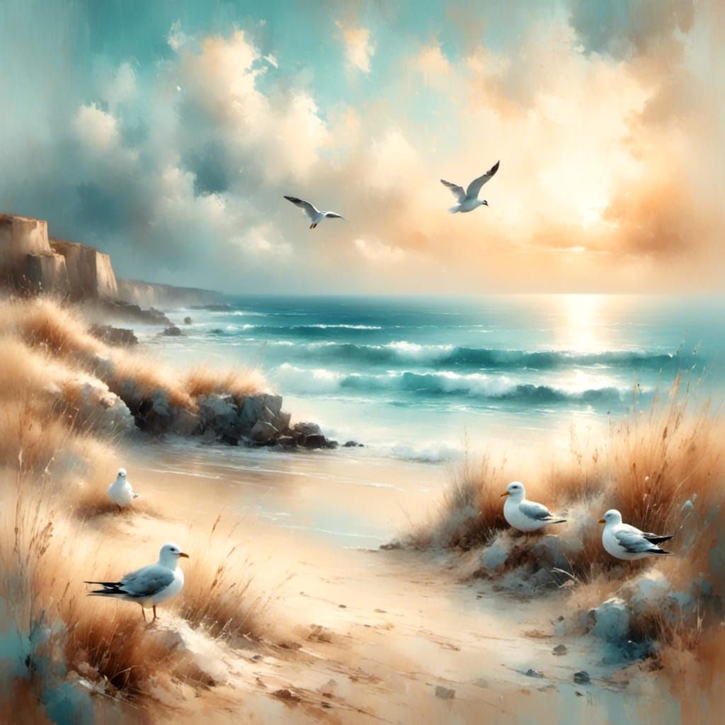 Idyllic Beach Scene in Impressionist Style