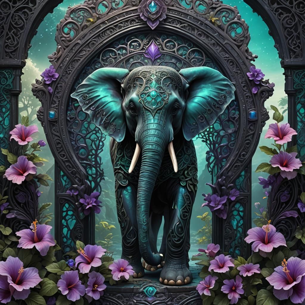 Opalescent Filigree Elephant and Hibiscus: Fantasy Concept A...