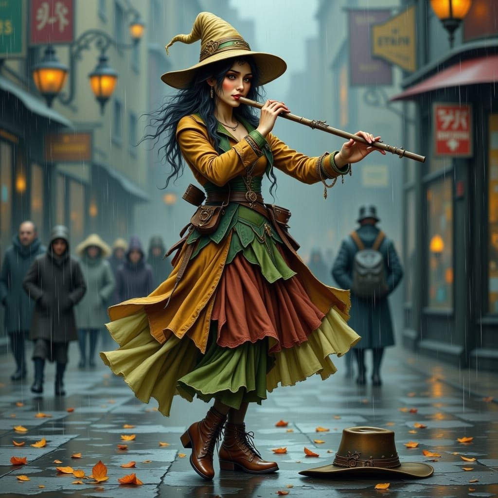 Dancing Elf Busker Playing Flute in the Rain