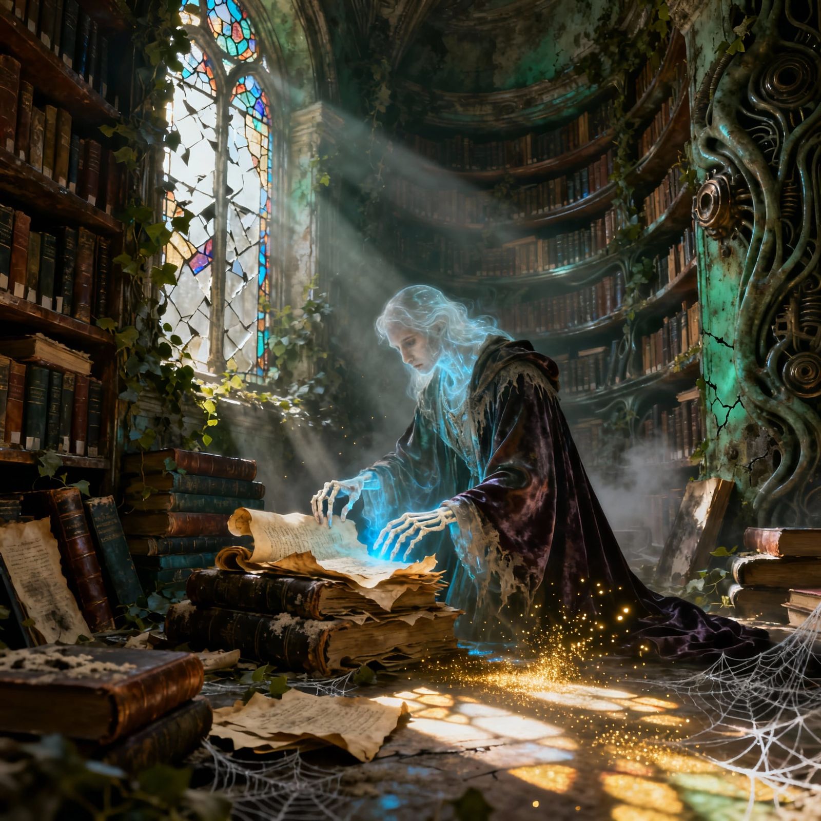 Ancient Overgrown Library with Spectral Librarian