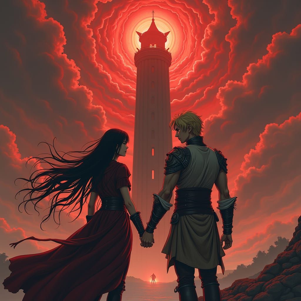 Tower of Babel in Dark Fantasy Anime Style