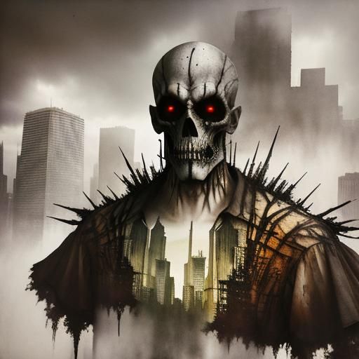 Monster in Dystopian Cityscape: Double Exposure Photography