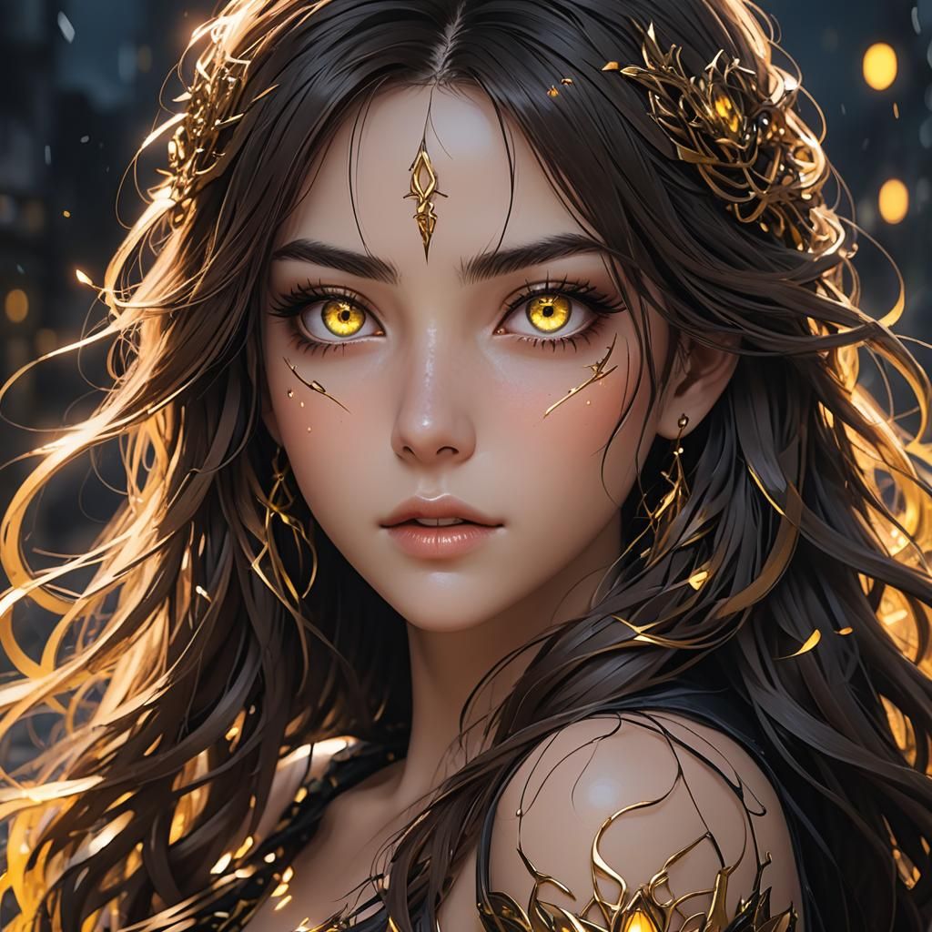 Anime Girl with Tangled Hair and Glowing Eyes