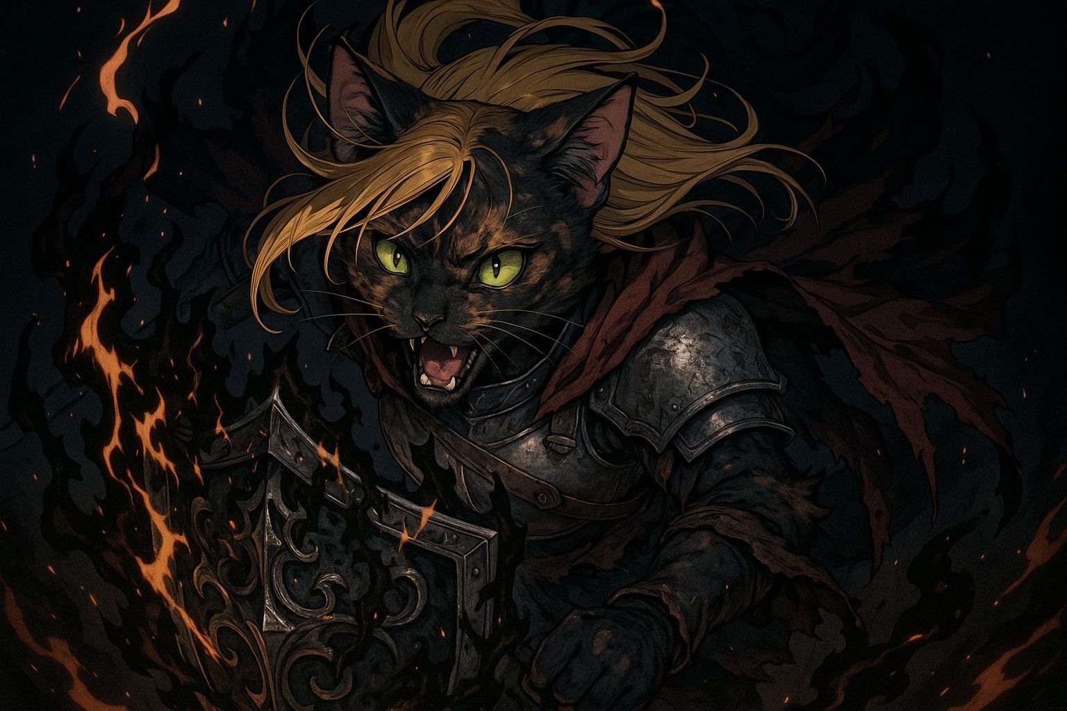 Furry Cat Knight Engulfed in Black-Magic Flames