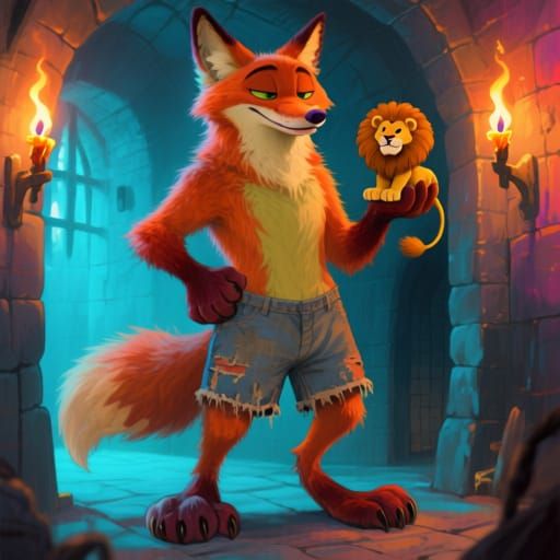 Whimsical Giant Fox Holds Mini Lion King in Torchlit Dungeon