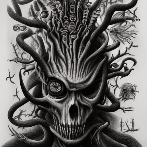 Sinister Predatory Darkness: Surrealist Gouache Charcoal Art