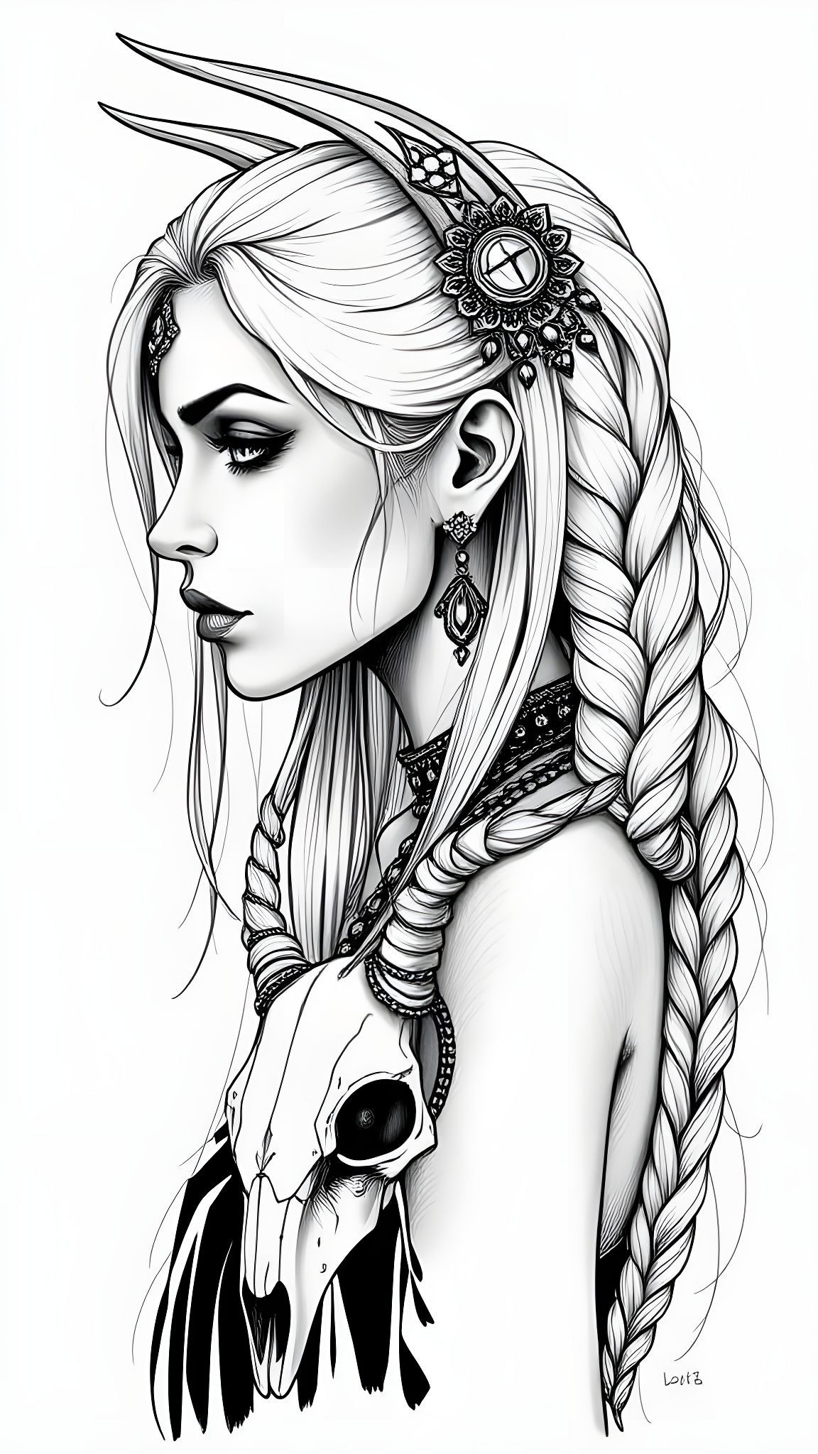 Surreal Digital Portrait of a Witch in a Stag Skull Headdres...