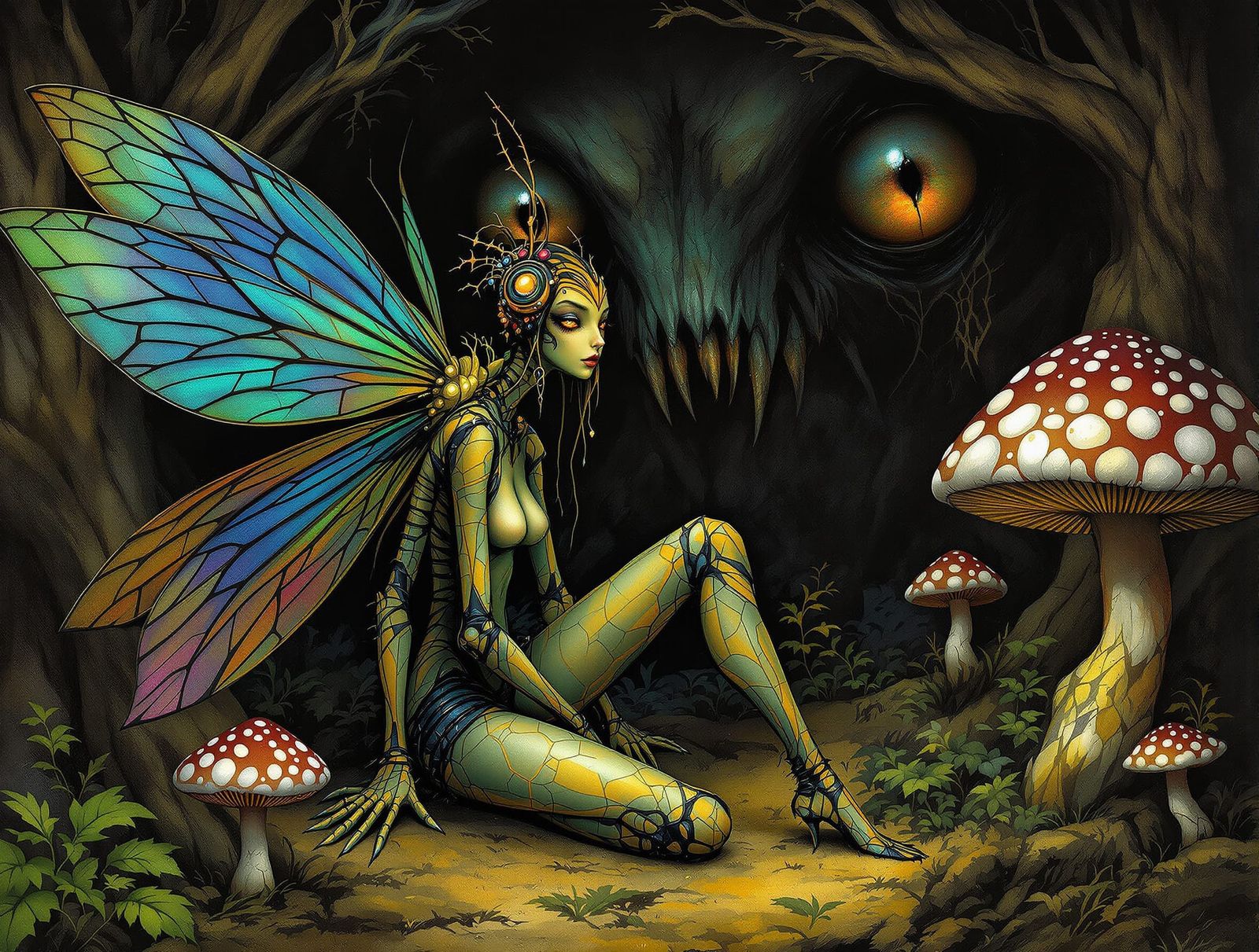 Fantasy Insect Fairy in Dark Mushroom Grove