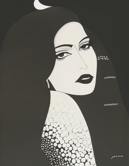 Monochromatic Ink Portrait of Woman with Dark Hair